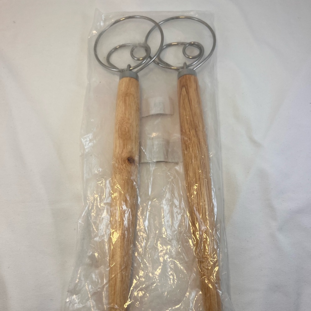 Pack of 2 Danish Dough Whisk Blender Dutch Bread Whisk Hook Wooden Hand Mixer